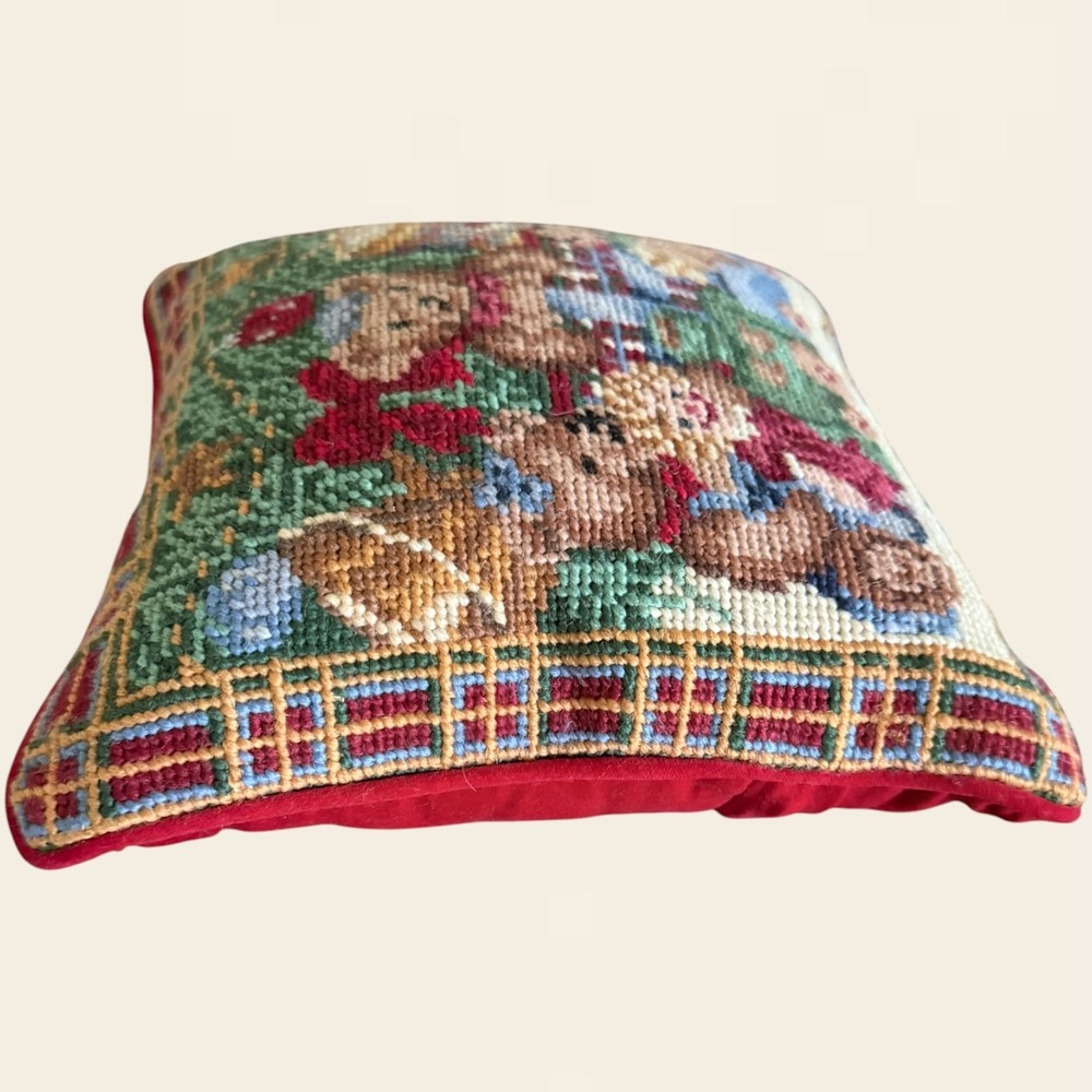 Vintage Christmas Needlepoint Teddy Bear Throw Pillow Red Velvet Plaid 9x9 - Picture 3 of 6